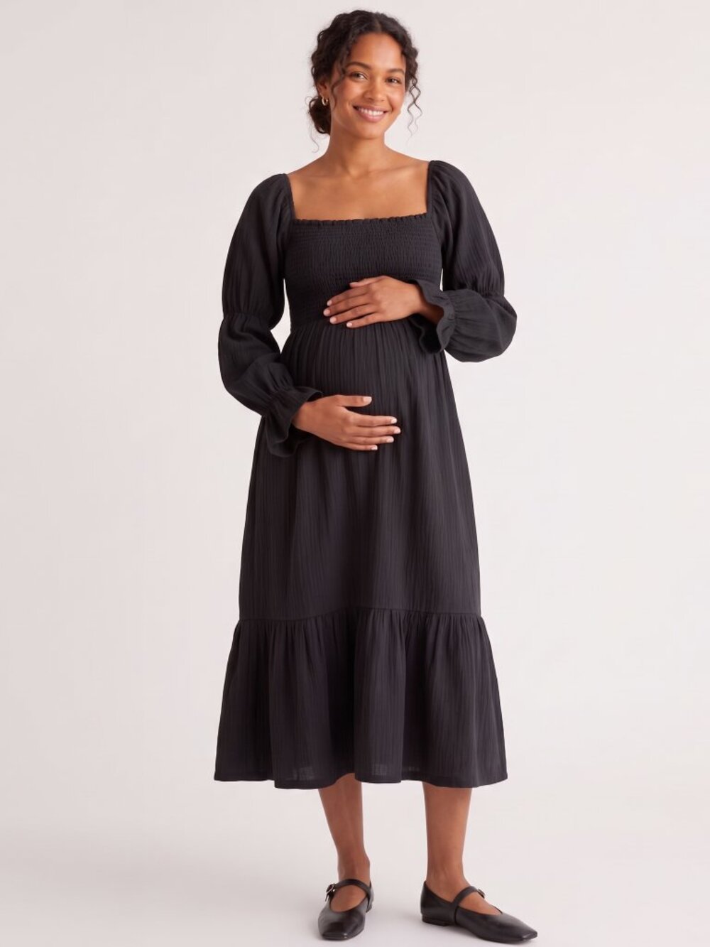 NWT Quince 100% Organic Cotton Gauze Maternity Smocked Midi Dress Black XL